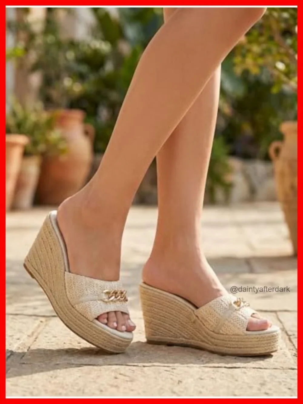 Raffia Wedge Sandals Women Chain Decor Memory Foam Espadrille Platform Mules